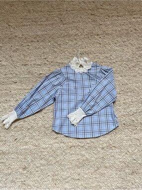 English Factory Blue Plaid Lace-Collar Blouse Size S Like New